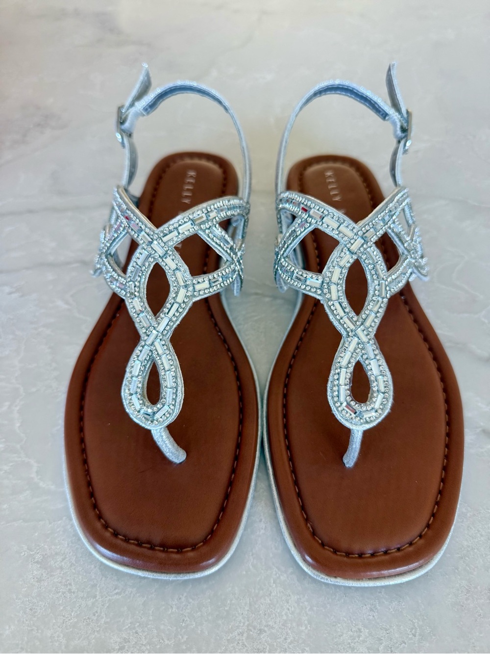 KELLY & KATIE jeweled Silver T-Strap Women's Sandals 6.5